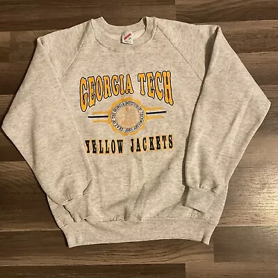 Vintage 90s Georgia Tech Yellow Jackets Crewneck Sweatshirt Large Gray Gold USA • $29.75