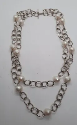 Vintage 925 Sterling Silver Double Chain Pearl Necklace • $95