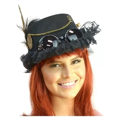 Deluxe Black Steampunk Costume Top Hat Victorian Adult Feather Chain Mini Bottle • $16.95