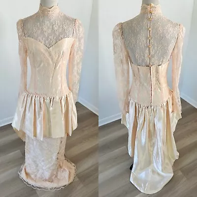 Vintage 70s 80s Does Victorian Lace Peplum Prom Party Dress Small? Pink Flaws* • $34.99