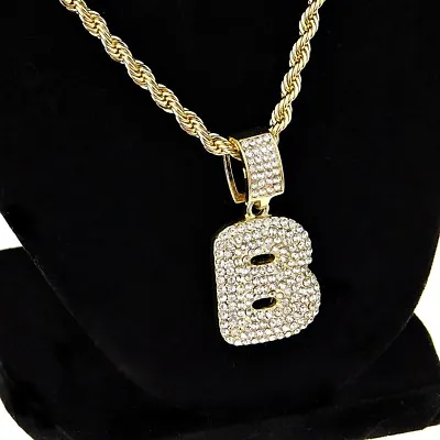 $19.95 • Buy Bubble Letter B Initial Rope Chain Pendant Gold Plated  Hip Hop Necklace 24 