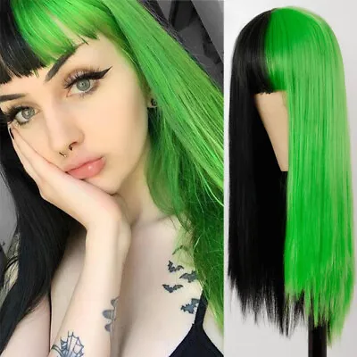 Green And Black Wig Long Straight Cosplay Wig Two Tone Ombre Color Women Fiber • $19.99