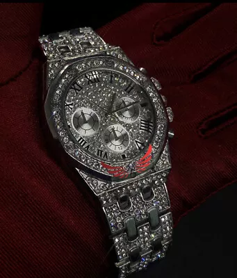 Luxury Silver Octagon Iced Out Watch. Sparkling Mens Womens Diamond Quartz • £24.99