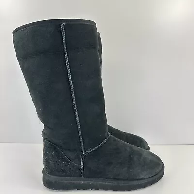 UGG Classic Tall Womens Size 7 Black Leather Sheepskin Shearling Boots 5815 • $24.87