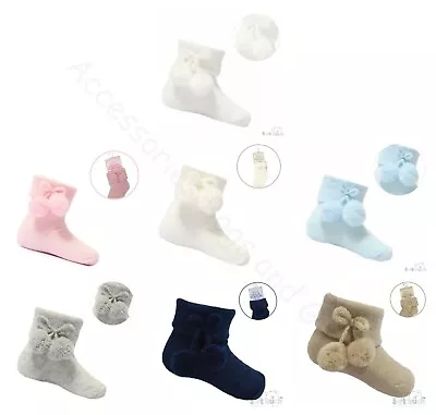 Baby Infants Diamond Pom Pom Socks Ankle Pink Blue Boy Girl 0-24 Mths Soft Touch • £3.85