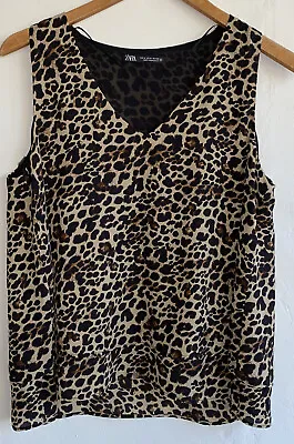 ZARA Tank Top Blouse Medium Brown Layered Flowy Sleeveless Animal Print • $9.99