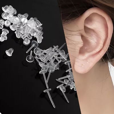 1-100Pair Invisible Clear Earrings Studs Acrylic Post Silicone Back Work School • £3.95