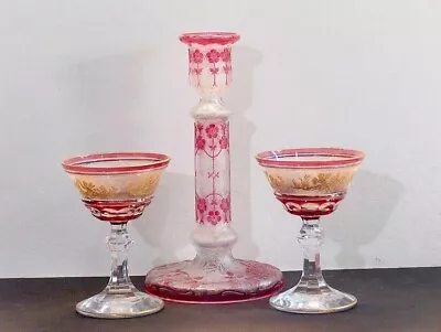 Antique MOSER GLASS AMETHIST / GOLD WINE GOBLETS + CAMEO CANDLE STICK • $35