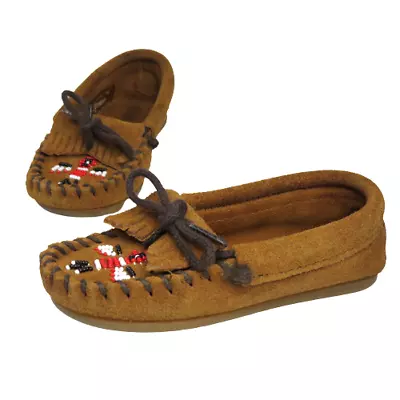 Minnetonka Kids Shoes Moccasins 7 Thunderbird Native American Tribal Suede Brown • $13.98