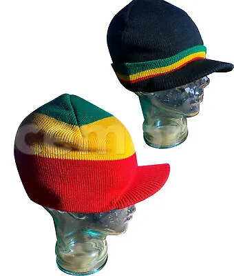 Billed Beanie 100% Acrylic Knit Skull Cap Radar Hat Rastafari Rasta Beanie Size • $12.99