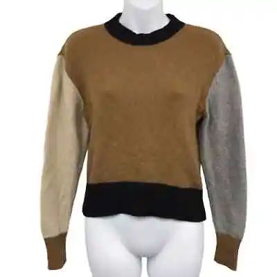 FRAME Colorblock Crew Sweater XS Cashmere Knit Banded Hem Pullover Vicuna Multi • $30