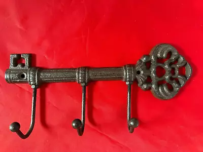 VTG Iron Victorian Skeleton Key Shape Holder Rack 3 Hooks Wall Mount Rustic Deco • $15.95