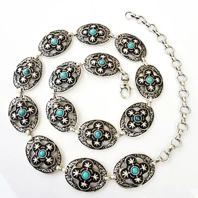 Navajo Inspired Antique Silver & Turquoise Concho Belt S/M/L- MADE IN ITALY • $39.50