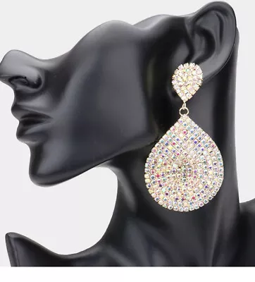 3.25” Big AB Dangle Aurora Borealis Crystal Gold Pageant Bridal Earrings Formal • $16