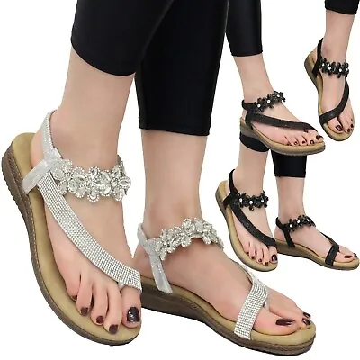 £12.95 • Buy Ladies Summer Ankle Strap Sandals Womens Diamante Wedge Flat Peep Toe Shoes Size