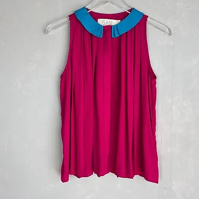 $24.99 • Buy Anthropologie Isani Size S Blouse Pink Blue Peter Pan Collar Button Up Pleated