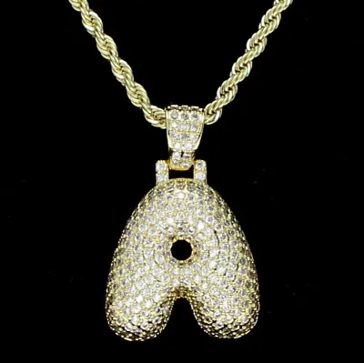 $9.99 • Buy Bubble Letter A To Z Alphabet Cz Iced Pendant 14k Gold Plated + Rope Necklace