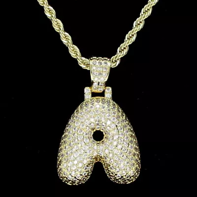 $14.99 • Buy Bubble Letter A To Z Alphabet Cz Iced Pendant 14k Gold Plated + Rope Necklace