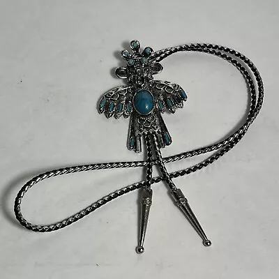 VTG Silvertone Native Kachina Dancer Faux Turquoise Bolo Tie Necklace • $49