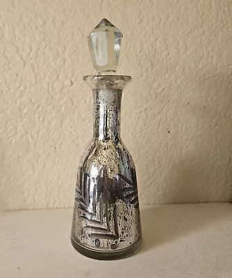 Vintage MCM Retro Silver Mercury Glass Decanter Vase Etched Glass Stopper 7  • $19.99