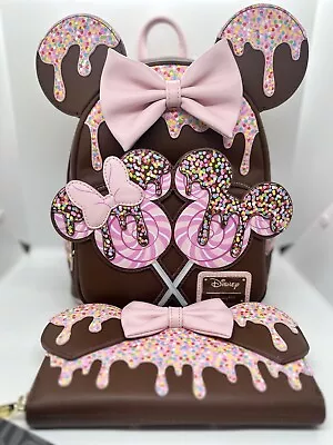 Loungefly Disney Minnie Mouse Chocolate Lollipop Ears Mini Backpack & Wallet • $149.99