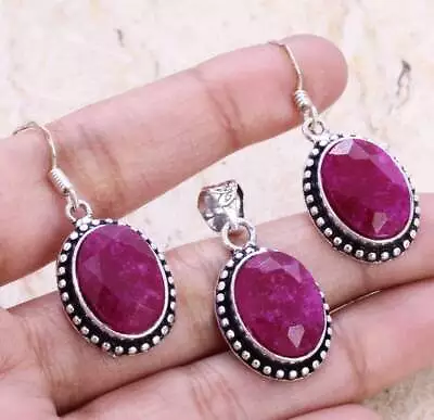 Simulated Ruby 925 Silver Plated Handmade Pendant & Earrings Set Of 1.5  Ethnic • $1.99