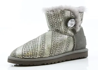 Women's UGG Mini Bailey Button Bling Taupe Grey Boots 14726* Size 5 • $115.20