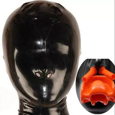 Latex Hood With Red Teeth Gag And Nasal Tubes Back Zipper Rubber Fetish Mask • $59