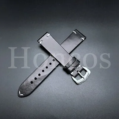 19mm BLACK Vintage Crazy Horse Leather Watch Strap Band WHITE Stitch QR • $22.99