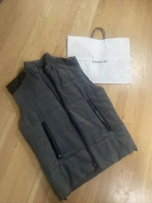 VINCE Puffer Jacket Sleeveless M Medium Grey Black Leather NEW NWOT Wool Vest • $125