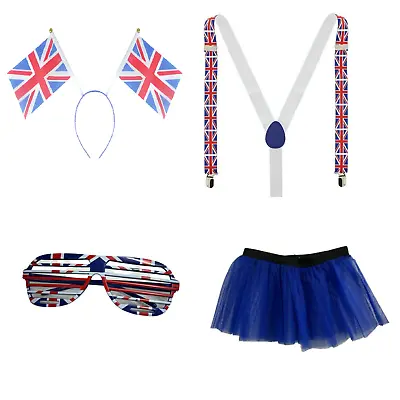 4 Piece Union Jack Queens Jubilee Braces Blue Tutu Shutter Glasses Boppers Set • £14.99