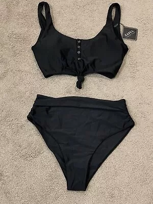 Zaful Black Bikini 2 Pc Women Sz M 6 Tank Top Snap Detail High Cut Bottom NWT • $19.93