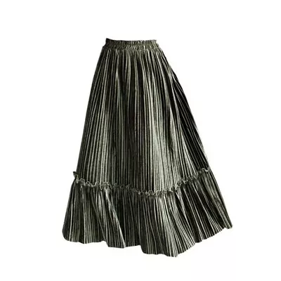 $32.06 • Buy Lady Velvet Pleated Skirt Ruffle Splice Retro Dress Midi High Waist Casual New