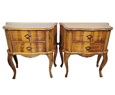 PAIR Vintage ITALIAN 20th C Walnut Inlaid VENETIAN Bed Table Chest NIGHTSTANDS • $675.75