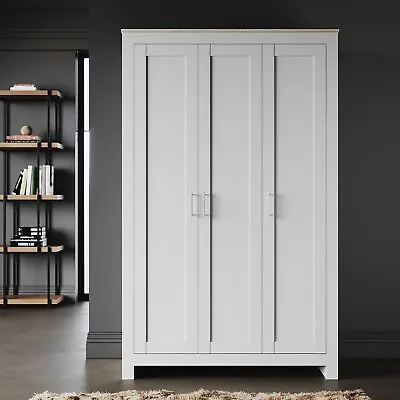 3 Door Matte White Triple Wardrobe With Hanging Rail & Shelves Storage Cupboard • £199.98