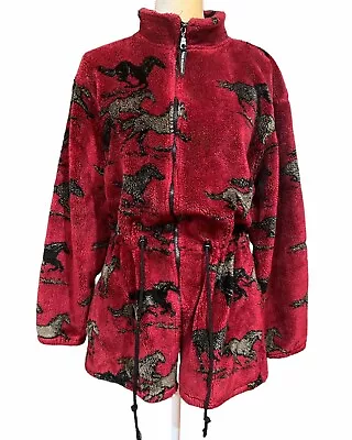 Vintage Black Mountain Horse Fleece Jacket Full Zip Size L Drawstring Waist Red • $44.99