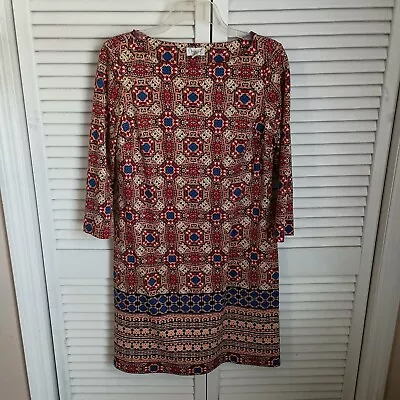 Maggy L Weekend Shift Dress Size 8 Geometric Print 3/4 Sleeve Red Blue Career • $19.99