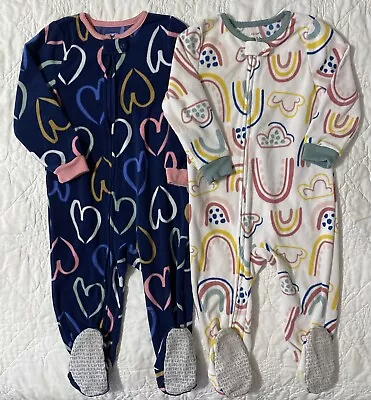 Lot Of 2 - Carter's Footed Fleece Pajama 2T Hearts & Rainbows • $14.99