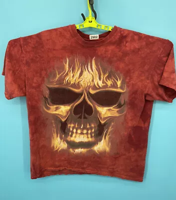 VTG Skull & Flames T Shirt Mens XL Burgundy Tie Dye Heavy Metal Y2K AOP All Over • $22.21