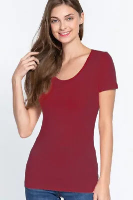 Women's Basic T-Shirt Scoop Neck Cotton Short Sleeve Solid Knit Plain Top Fitted • $11.99