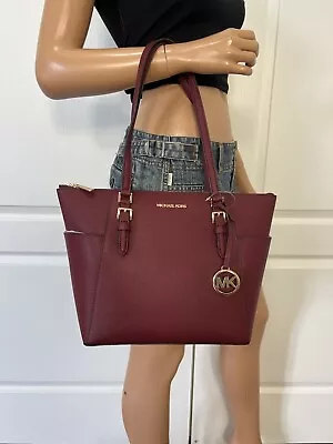 Michael Kors Charlotte Saffiano Leather Large Top Zip Tote Dark Cherry Handbag • $99
