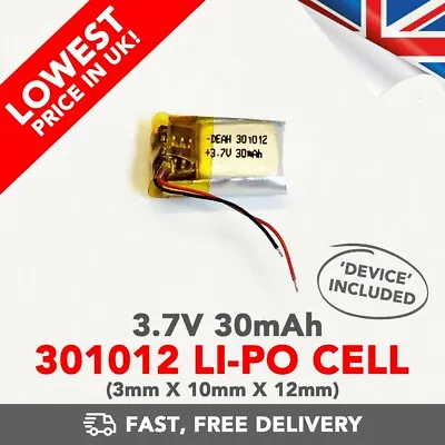 3.7V 30mAh Li-Po Battery (301012) Rechargeable High Capacity Tablet + Device • £4.89