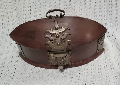 Antique Wood Message Storage Tea Caddy Box Container Oval Shape Metal Handle • $295