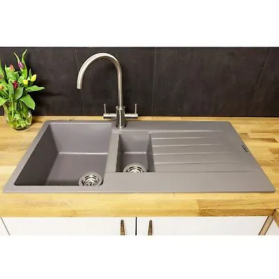 £167.76 • Buy Reginox Harlem15 Kitchen Sink 1.5 Bowl Silver Grey Granite Reversible Waste