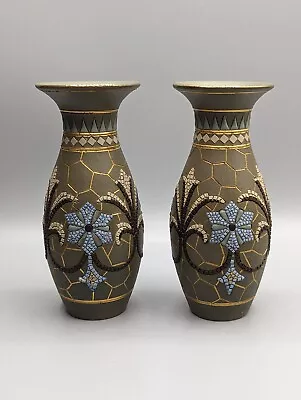 £125 • Buy Antique Matching Pair Doulton Lambeth Silicon Ware Vases 1886 Aesthetic Mosiac