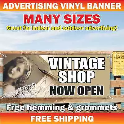 VINTAGE SHOP OPEN Advertising Banner Vinyl Mesh Sign ANTIQUE STORE COLLECTIBLES • $149.95