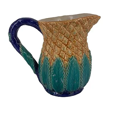 Majolica Pinapple Water Pitcher Cobalt Blue Handle Unmarked Large Ceramic • $165