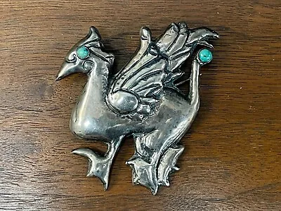 Vintage CASA PRIETO Sterling 900 Silver Turquoise Mythical Dragon Pin Brooch • $149