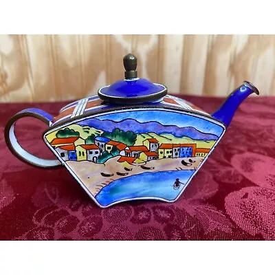 Vintage Kelvin Chen Miniature Teapot Beach Coastline Scene Blue Red Plaid Accent • $35