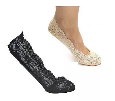 Ladies Womens Shoe Black Skin Nude Invisible Footsie Thin Lace Liner Socks • £3.99